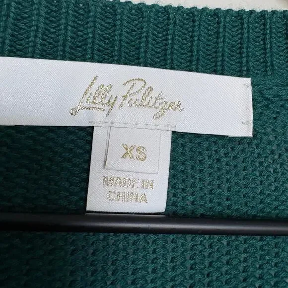 Lilly Pulitzer Green Sweater XS Pom Appliqué 3D Knit Holiday Winter skandigirl